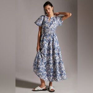 Anthropologie Blue and White Floral Maxi Dress